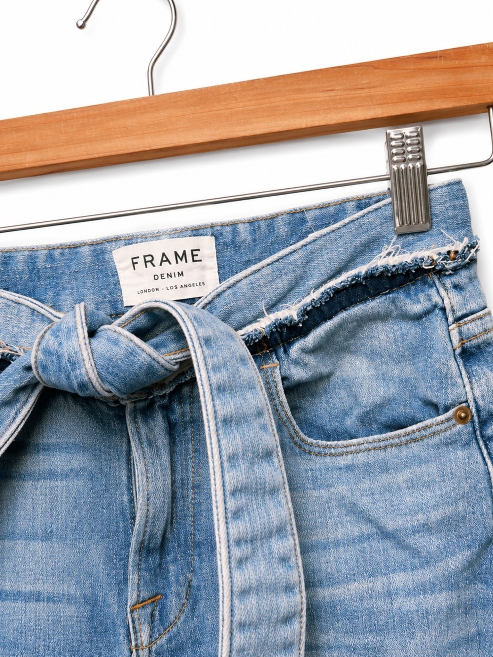 FRAME Le High Straight Tie Waist Jeans Frayed Hem Faded Blue Wash, Size 25 - Picture 6 of 12